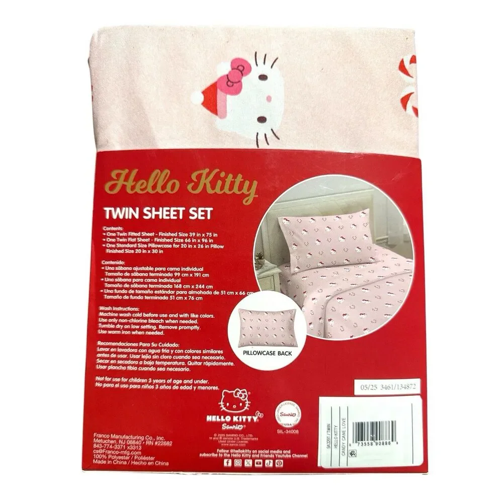 Hello Kitty Twin Sheet Set Christmas Holiday Candy Cane Pink Sanrio NEW